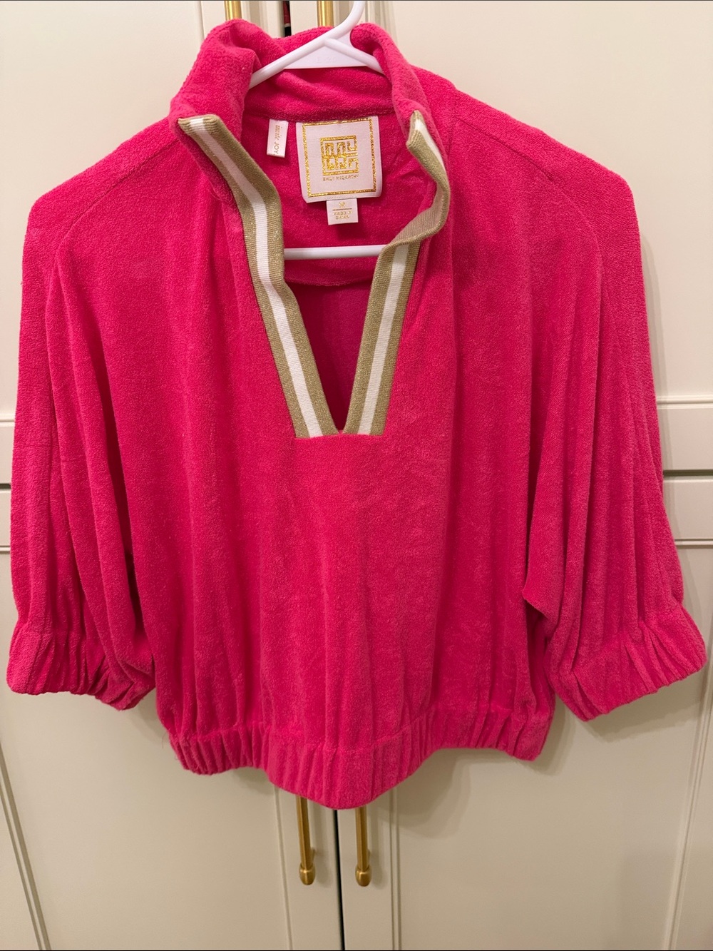 Emily McCarthy Medium Hot Pink Terry Cowl Pullover with Striped Trim